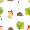 Repetition of mushroom hedgehog and tree seamless pattern