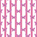 Repetitive butterfly on a striped pink and white background, seamless