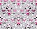 Mexican folk art seamless pattern with skulls, flowers and abstract shapes, pink, white and gray textile design inspired by