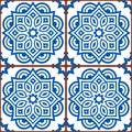 Moroccan mandala tile seamless vector pattern in blue on white background, gometric ornamental wallpaper, textile or fabric prin