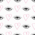 Repetitive eyes with eyelashes and hearts drawn by hand. Cute seamless pattern. Stylish girly doodle print.