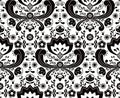 Norwegian folk art vector seamless pattern - Rosemaling style embroidery design in black and white Royalty Free Stock Photo