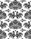 Seamless Polish folk art pattern with roosters and flowers - Wzory Lowickie, wycinanka, traditional textile or fabric print Royalty Free Stock Photo