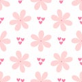 Repetitive flowers and small hearts. Cute girly seamless pattern. White, pink, purple.