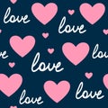 Repetitive heart and handwritten text Love. Cute seamless pattern. Romantic print.
