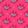 Repetitive heart, silhouette of cat`s footprint and text Meow. Cute seamless pattern.