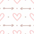 Repetitive hearts, arrows and round spots drawn by hand with rough brush. Cute seamless pattern. Sketch, watercolor, paint.