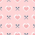 Repetitive hearts and crossed arrows. Cute romantic seamless pattern.