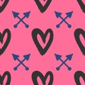 Repetitive hearts and crossed arrows drawn by hand with rough brush. Stylish seamless pattern. Sketch, watercolor, paint.