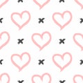 Repetitive hearts and crosses drawn by hand with a rough brush. Cute seamless pattern. Sketch, graffiti, grunge, paint.