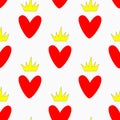 Repetitive hearts with crowns. Cute seamless pattern.