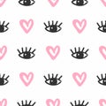 Repetitive hearts and eyes with eyelashes drawn by hand with a rough brush. Cute seamless pattern. Sketch, watercolor, grunge.