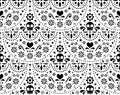 Mexican folk art seamless pattern with skulls, Halloween decor, flowers and abstract shapes, black and white textile desig