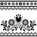 Romantic floral folk art vector black and white greeting card pattern with flowers inspired by traditional highlanders embroidery