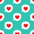 Repetitive speech bubbles with hearts. Romantic seamless pattern. Blue, white, red.