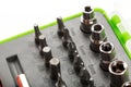 Replacement attachments and bits for repair. Tool box with various heads Royalty Free Stock Photo