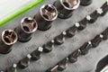 Replacement attachments and bits for repair. Tool box with various heads Royalty Free Stock Photo