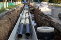 Replacement pipes in the city.Construction of heating mains for municipal infrastructure, the concept of city development.