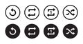 Replay, repeat, and shuffle playlist icon vector. Multimedia player elements in circle background Royalty Free Stock Photo