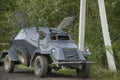 A replica of an armored car is preparing for battle