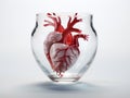 replica of a human heart in a glass cup on a white background, AI generative