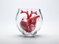 replica of a human heart in a glass cup on a white background, generative ai