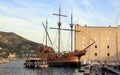 Replica of the medieval sail vessel, the carrack, in the old town port, Dubrovnik, Croatia