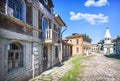 A replica of old houses on a city street on the territory of the museum of the Mosfilm film concern in Moscow