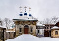 A replica of old houses on a city street on the territory of the museum of the Mosfilm film concern.. Moscow, Russia.