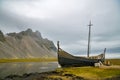 Replica of old viking ship close to viking village near Hofn