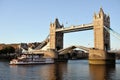 Replica of paddleboat passing through Tower Bridge