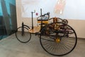 The replica of Patent Motor Car model 1 1886 of Mercedes Benz at the exhibition in the King Abdullah II car museum in Amman, the c