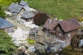 Replica of rural landscape, wooden watermill, Podlasie village, Miniature Park, Inwald, Poland,