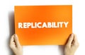 Replicability - the quality of being able to be exactly copied or reproduced, text concept on card