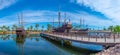 Replicas of Columbus ships Nina, Pinta and Santa Maria at Muelle de las Carabelas in Spain ...