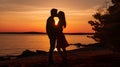 Silhouette of a young couple kissing on the beach at sunset.generated ai Royalty Free Stock Photo