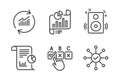 Report, Correct checkbox and Speakers icons set. Report document, Update data and Survey check signs. Vector
