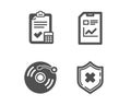 Report document, Accounting checklist and Vinyl record icons. Reject protection sign. Vector