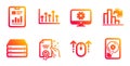 Report document, Servers and Decreasing graph icons set. Swipe up, Monitor settings and Certificate signs. Vector