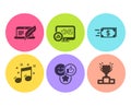 Report statistics, Money transfer and Copyright laptop icons set. Like, Musical note and Winner podium signs. Vector