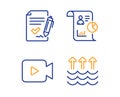 Report, Video camera and Approved agreement icons set. Evaporation sign. Vector