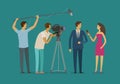 Reportage, television concept. Crew or journalist take interview. Cartoon vector illustration Royalty Free Stock Photo