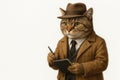 A reporter cat in a brown coat and hat with a notepad. Space for text. Royalty Free Stock Photo