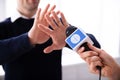 Reporter Hand`s Holding Microphone While Man Refusing Interview Royalty Free Stock Photo