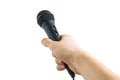 Reporter is holding microphone in hand. Isolated on white background Royalty Free Stock Photo