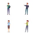Reporter icons set cartoon vector. Male and female journalist with microphone
