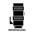 reporter photography lens icon, black vector sign with editable strokes, concept illustration