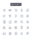 Reports line icons collection. Records, Files, Documents, Accounts, Bulletins, Briefings, Announcements vector and