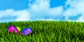 Representation of chrome metallic colorful Easter Eggs design in a grass blue sky Royalty Free Stock Photo