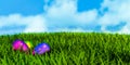 Representation of chrome metallic colorful Easter Eggs design in a grass blue sky